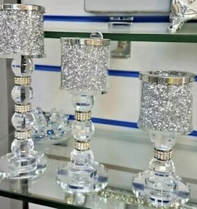 New Crystal Crushed Diamond Candle Holder Set Of 3 Crystal Faceted Balls Sparkle