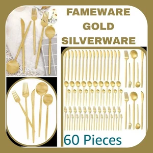 Matte Gold Silverware Set,30 Piece,FAMEWARE,Stainless Steel Flatware Set,Service - Picture 1 of 7