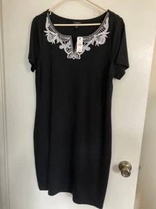Talbots Short Sleeve Black Dress NWT Petite Large 100% Cotton White Stitching - Picture 1 of 18