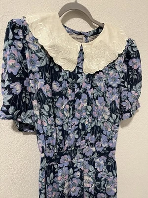 Vestido Karin Stevens Vintage 14 Azul Floral Plisado Manga Corta Cottagecore Años 80 Foto 1 de 4