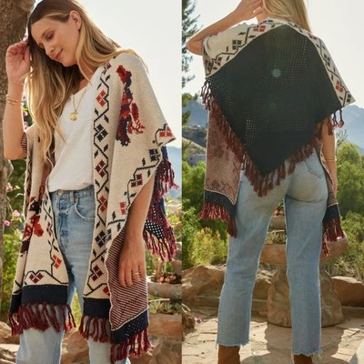 Lovestitch Sofía lana angora punto chal talla única crochet flecos bohemio clásico Foto 1 de 4