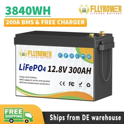 FLLYROWER 12V 300AH Lithium Batterie LiFePO4 Akku 200ABMS Wohnmobil Solaranlage Solarbatte