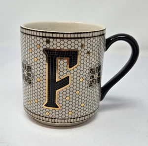 Anthropologie Bistro Mosaic Tile "F" Coffee Mug Cup Gold Black Stoneware Initial - Picture 1 of 13