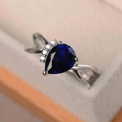 2.50 Ct Pear Natural Sapphire Diamond Ring 14K Solid White Gold Size All - Image 1 of 4