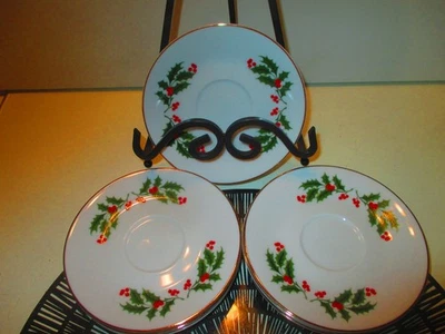Christmas Holiday Dining 7 Saucers Holly & Berries Fine China Japan - Image 1 of 3