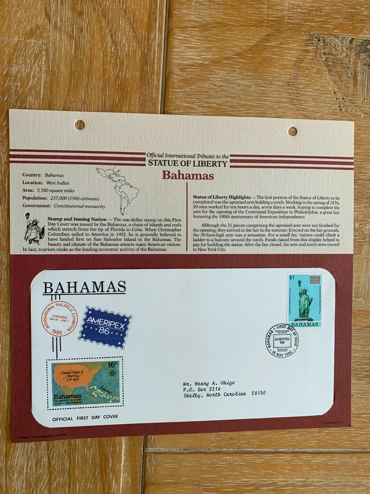 BAHAMAS 1986 FDC STATUE OF LIBERTY TRIBUTE AMERIPEX 86 MAP - Image 1 of 1