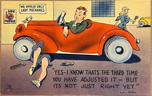 Lady Auto Mechanic Car Comic Humor Postcard c1940 - Picture 1 of 5