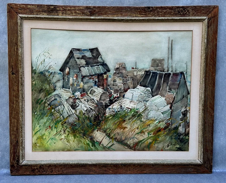 STEVENS SIGNED WATERCOLOR PAINTING MAINE LOBSTER CRAB FISHING TRAPS BUOY MARINA - Image 1 of 4
