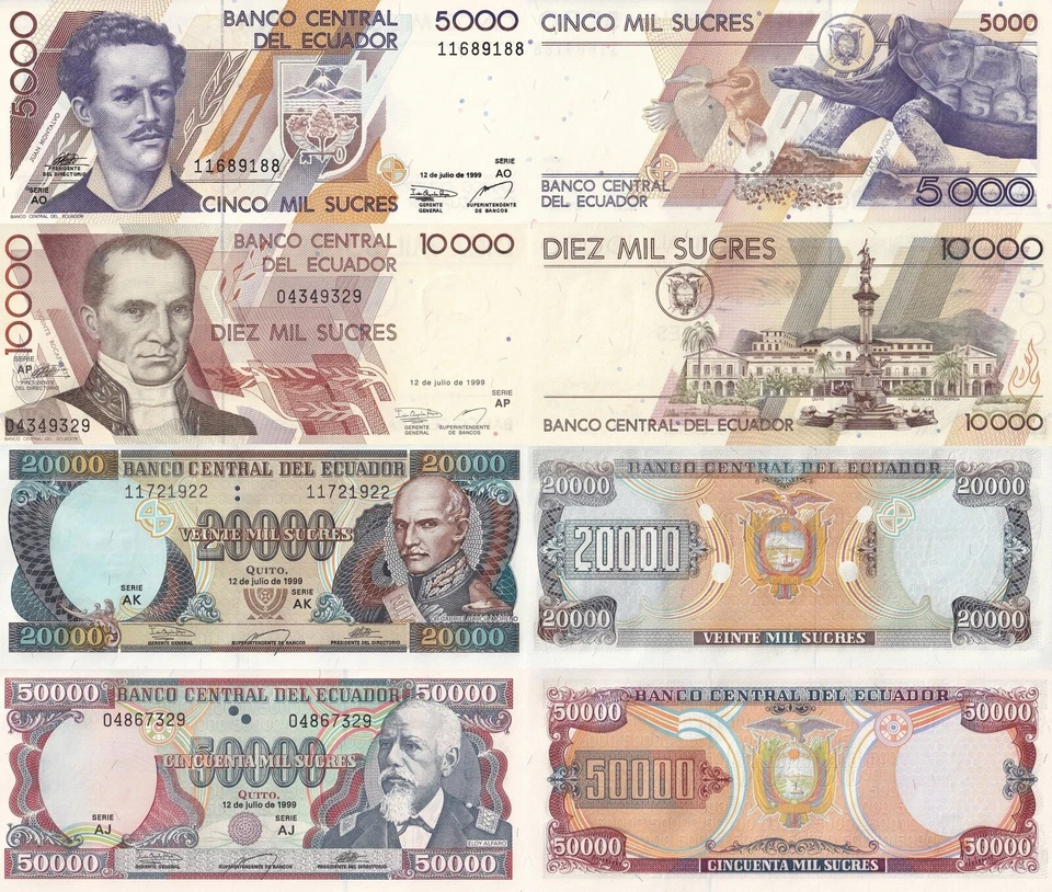 Ecuador 5000 10000 20000 50000 Sucres 1999 P 128c 127e 129 130 UNC Set 4 pcs - Image 1 of 1