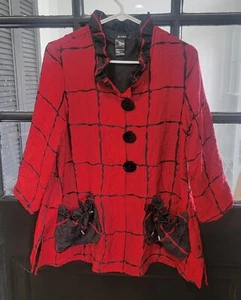 Ali Miles Red Black Grid Print Ruffle Collar Jacket Lightweight NWT Size S - Picture 1 of 6