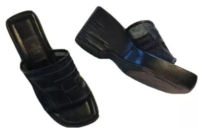 FENDI Black Platform Vintage 1990s Open Toe Sandals Slides Logo Size 5.5 36 - Image 1 of 3