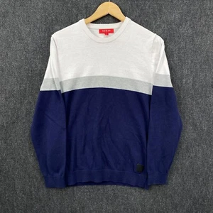 Guess Mens Medium Pullover Sweater Jumper White Navy Blue Knit Crew Neck Casual - Picture 1 of 11