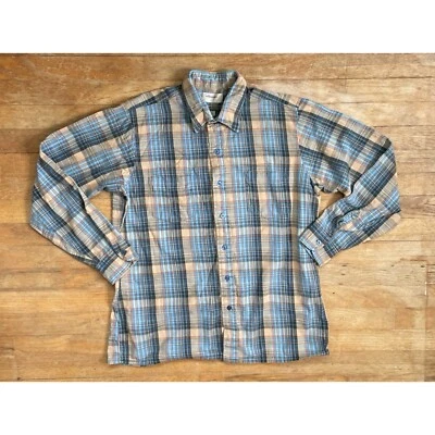 Camisa de franela vintage para hombre talla pequeña/mediana años 80 azul/beige algodón abotonada Foto 1 de 4