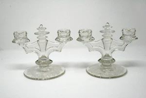 Tiffin Glass Coronet Webwing 5831 Etched Moss Rose Deco Double Candle Holders 2 - Picture 1 of 7