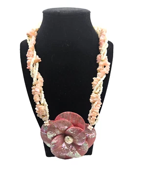 Collar con caparazón tropical flor llamativo incrustación mop rosa resort vintage Foto 1 de 4