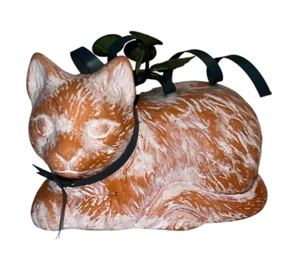 Terracotta Clay Sleeping Cat Figurine Orange White Green Metal Ribbon - Picture 1 of 6