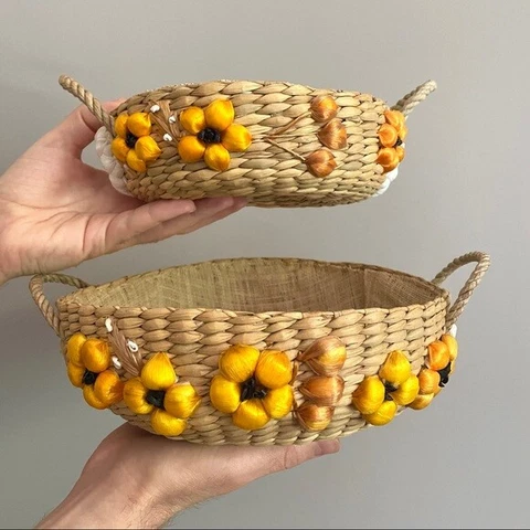Vintage 60s Philippines Woven Raffia Embroidered Flowers Low Nesting Baskets 🌼 Cover