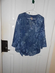 Chico's Floral Blue Denim Long Sleeve Shirt Size 3 - Picture 1 of 3