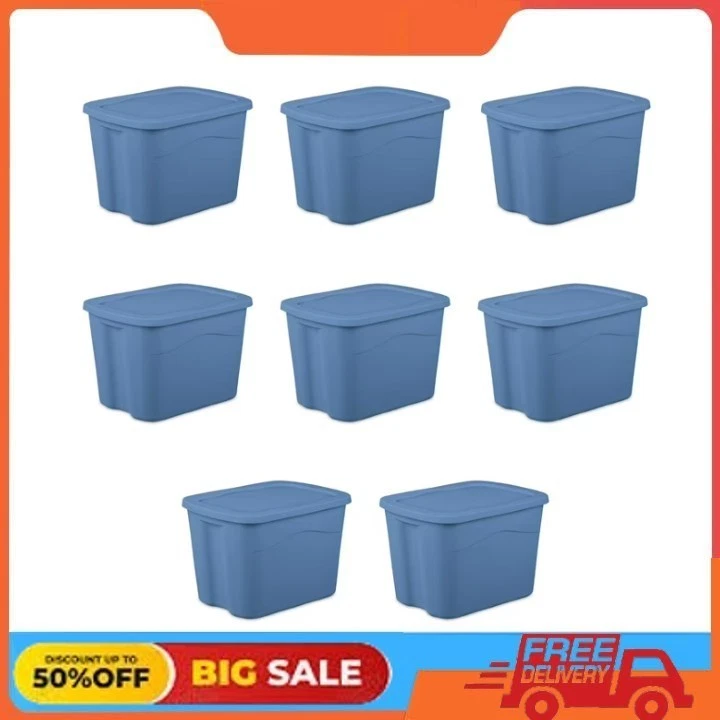 Cubo de almacenamiento de plástico Sterilite de 18 galones con tapa a presión, azul claro, paquete de 8 Foto 1 de 4