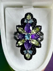 Anello cocktail DK By JTV argento sterling ametista peridoto nero spinello 6,75 - Foto 1 di 14