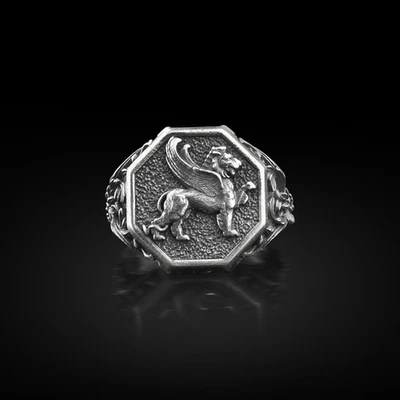 Bague chevalière Lamassu en argent sterling lion ailé bijoux mythologie babyl... - Photo 1/4