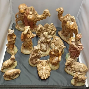Vintage 1970's 15 Pcs Atlantic Mold Nativity Set Ceramic Brown finish - Picture 1 of 10