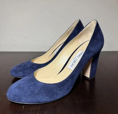 Zapatos de salón de gamuza Jimmy Choo para mujer talla 38,5 azul marino tacón bloque hechos en Italia Foto 1 de 4