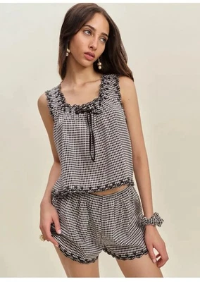 Reformation Pijama Avellana Corto y Top Conjunto Alquiler Check Gingham S Nuevo Con Etiquetas Foto 1 de 4