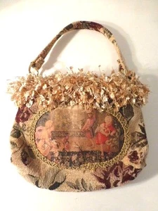 Pulvermacher Designs Rose Floral Tapestry Fabric, Antiqued Image, Fringed Bag  - Picture 1 of 6