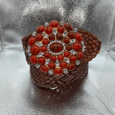 Cinto feminino Michael Kors tecido trançado couro fivela de ouro marrom feito na Itália - Imagem 1 de 4