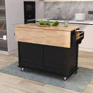 Harper Kitchen Cart 52.2"W w/ Drop-Leaf Countertop 2-Drawers Wheels Metal Black - Picture 1 of 11