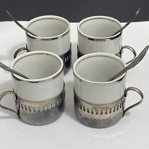 Bellini Veracruz Brazil 4 Silverplate Trim Porcelana Cups & Holders W/Spoons - Imagen 1 de 7