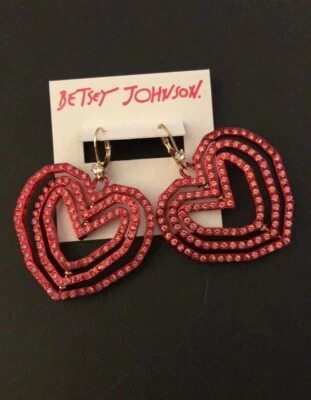 Betsey Johnson Red Metallic Look Into Your Heart Triple Heart Drop Earrings NWT - Image 1 of 4