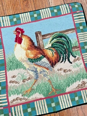 Handmade Wool Needlepoint Throw Pillow Cover Farmhouse Hen Rooster Chicken 14x14 - Image 1 of 3