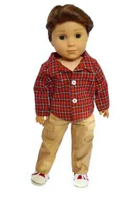 18" Boy Doll Clothing Pants Tan Shirt Red Plaid Fit American Girl Boy Doll Logan - Picture 1 of 3