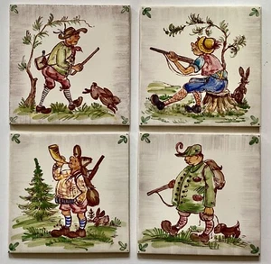 Vtg. Made in Germany Decorative Tiles Men Hunting Set of 4 - Picture 1 of 9