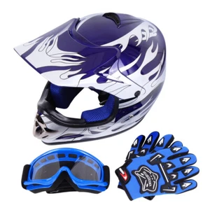 Blue children motorcycle cross helmet motorcycle helmet glasses gloves S M L - Picture 1 of 15