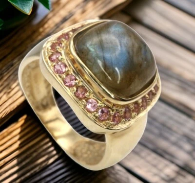 GJ69 SOGNI D`ORO EDELSTEIN RING 17 LABRADORIT ANTIK &TURMALIN PINK 7,8g 14kt GG - Bild 1 von 4