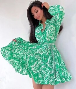 ZARA GREEN PAISLEY FLORAL PRINTED MINI SHIRT DRESS VOLUMINOUS SKATER RUFFLED HEM