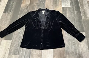 Talbots Size 1X Black Velvet Button Front Blouse Top Long Sleeves V Neck Stretch - Picture 1 of 8