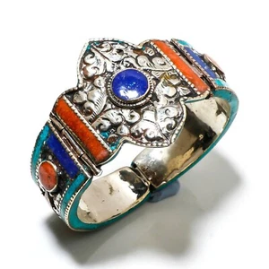 Tibetan Turquoise Coral lapis Gemstone Nepali Cuff Bracelet Jewellery Free Size - Picture 1 of 3