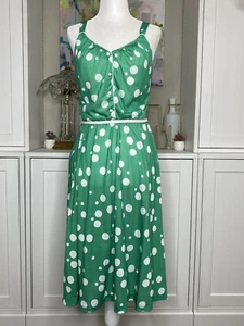 1970s Dash-About Dress Green Polka Dots Small Smocked Back 10P Polyester - Picture 1 of 13