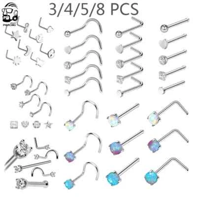 3-21Pcs Opal/CZ Nose Hoop Rings 20G 316L Steel Nose Pin L Screw Bone Studs Kit Foto 1 de 4