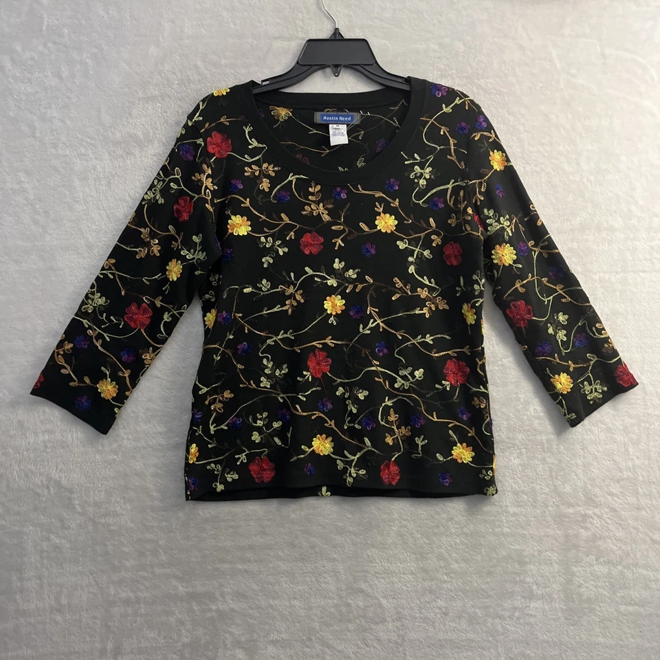 Blusa Top Mujer Austin Reed Negra Floral Mediana Algodón Cuentas Manga Larga Foto 1 de 4