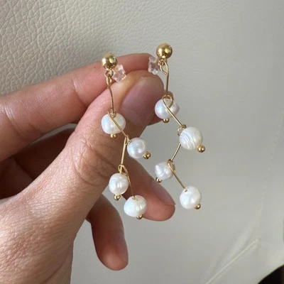 Natural Freshwater Pearl Earrings Dangle 14K Gold Plated Beaded Women Jewelry - image 1 of 4