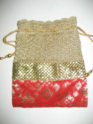 Bolso Potli Étnico Indio Bolso sin asas Rojo Dorado Seda Cordón Lentejuelas NUEVO Foto 1 de 4