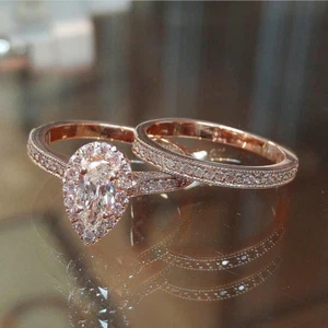 Women Rose Gold Filled Wedding Engagement Rings Pear Cut Cubic Zirconia Size6-10 - Picture 1 of 4