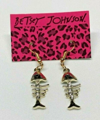 Pendientes Betsey Johnson Huesos de Pez Oro Caja de Regalo Bolsa de Organza Foto 1 de 4