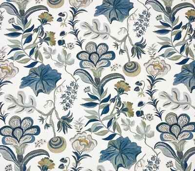 BALLARD DESIGNS ISADORE BLUE GREEN LARGE FLORAL MULTIUSE FABRIC BY YARD 54"W - Image 1 of 4