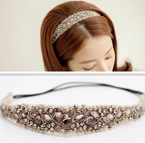 Women BOHO Bling Beige Pink Crystal Rhinestone Elastic Hair Headband Head band - Picture 1 of 5